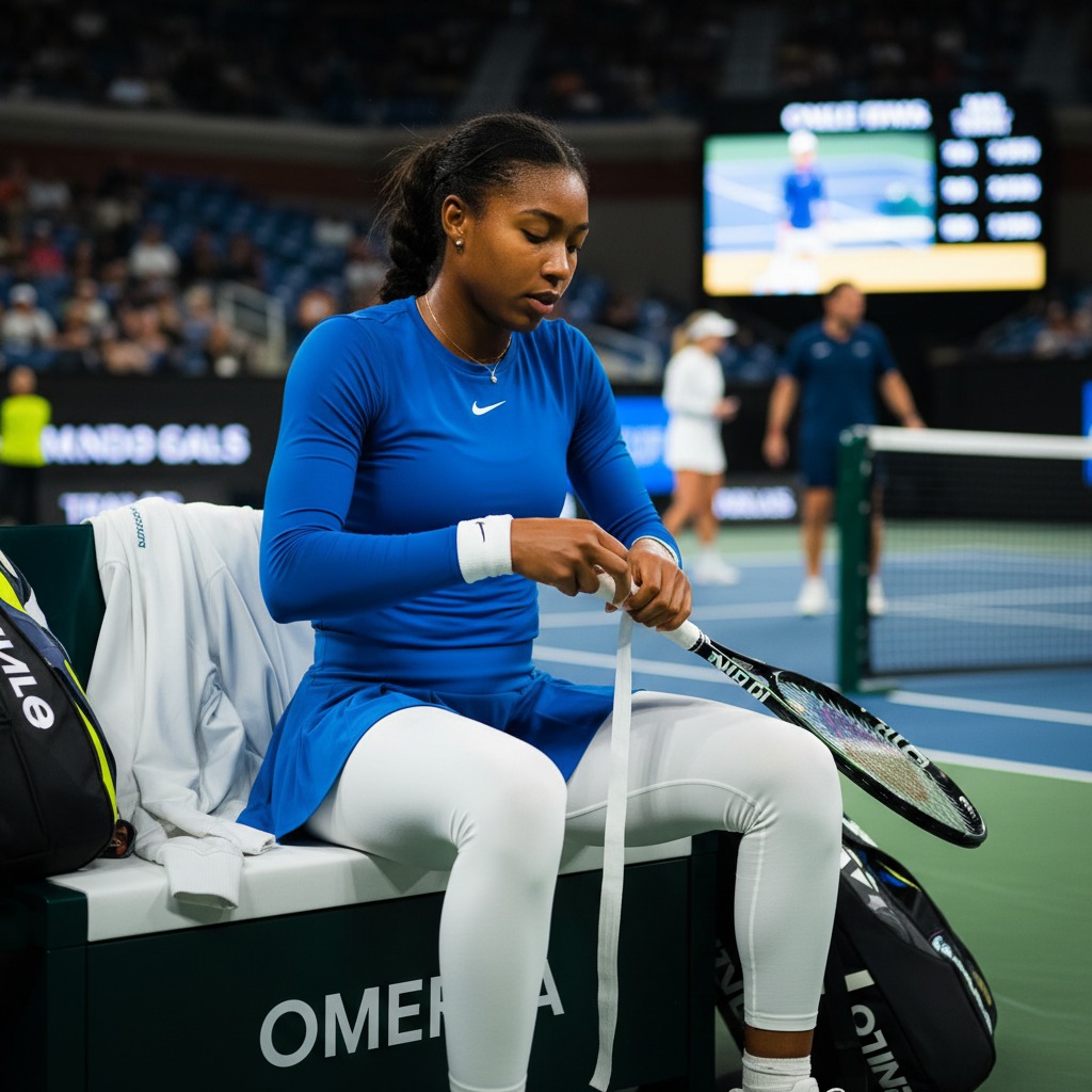 Coco Gauff gets ready courtside