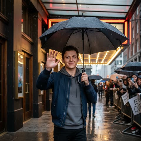 Tom Holland meets fans in the rain