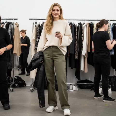 Gigi Hadid backstage at fashion week