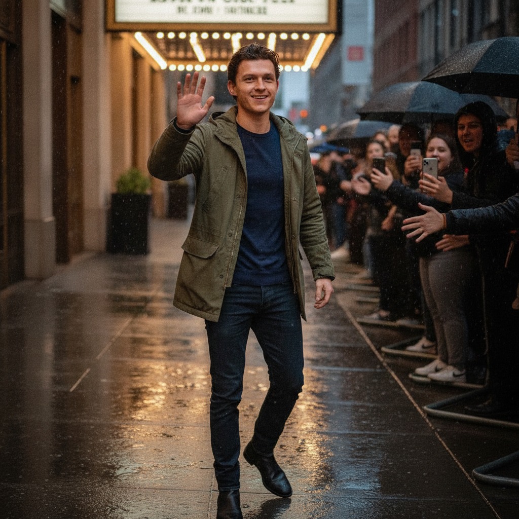 Tom Holland greets fans in the rain
