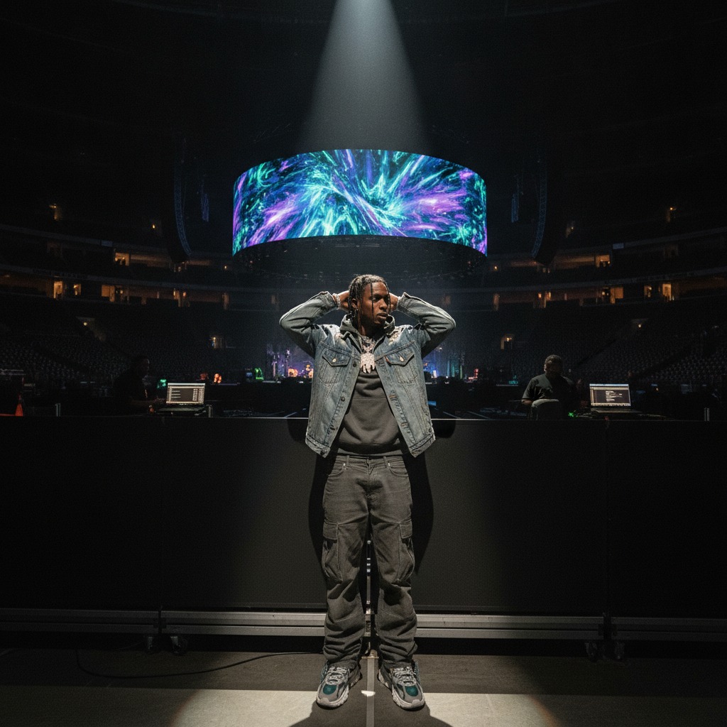 Travis Scott checks stage visuals