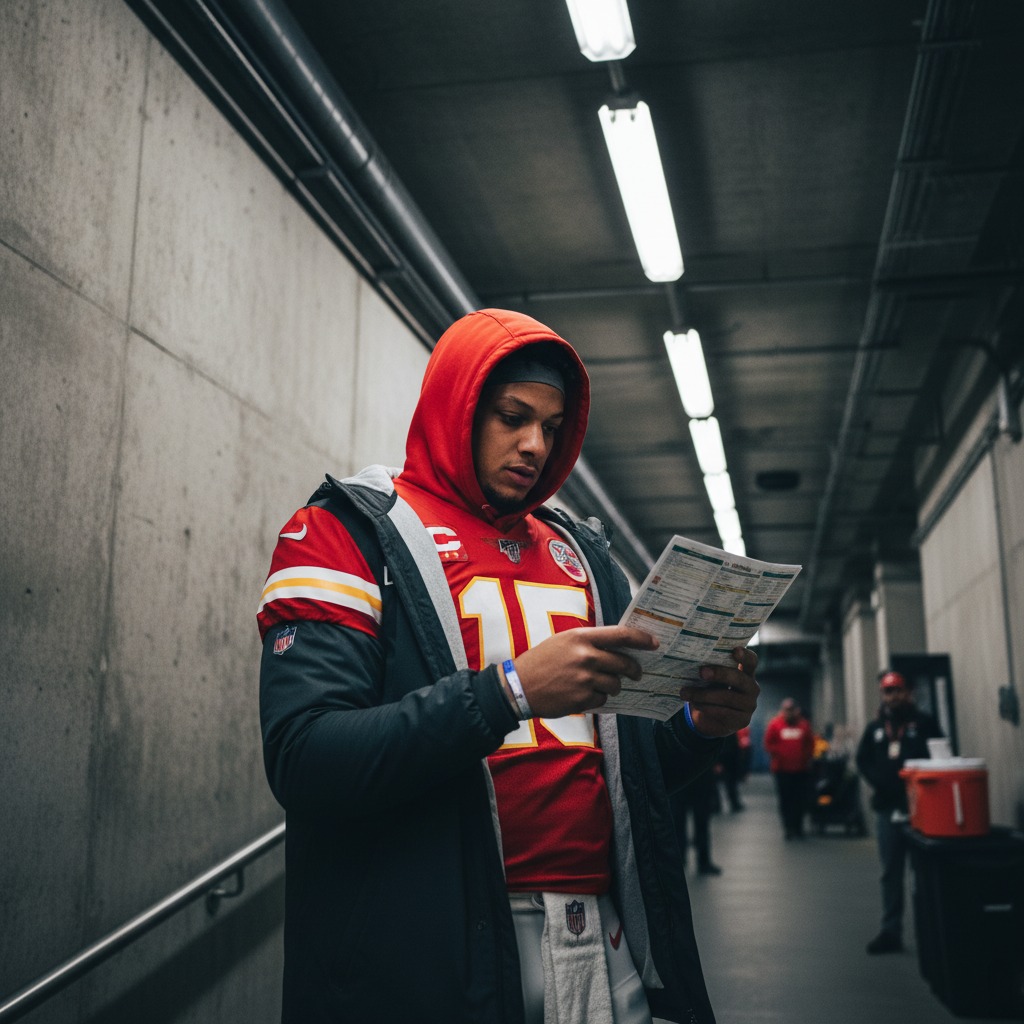 Patrick Mahomes studies the play
