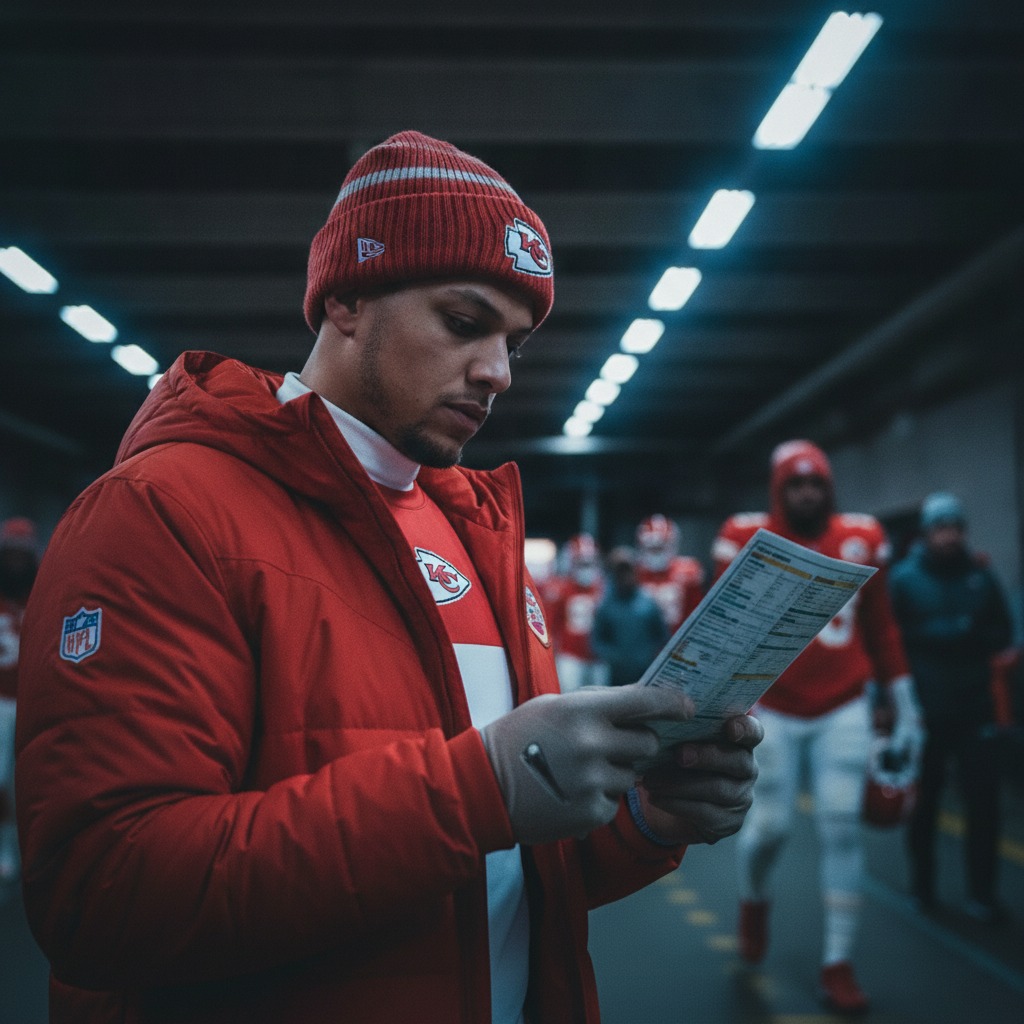 Mahomes studies the playbook