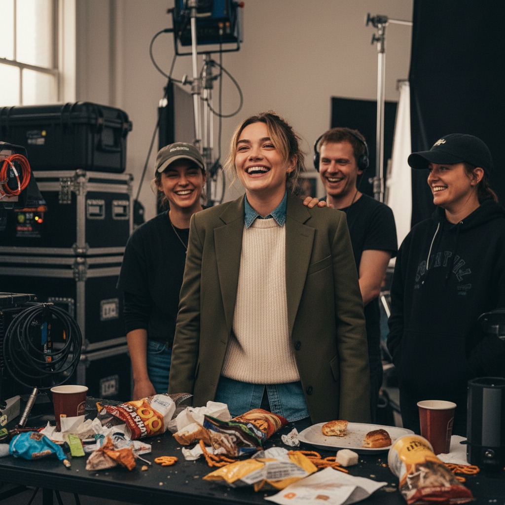 Florence Pugh laughs with crew