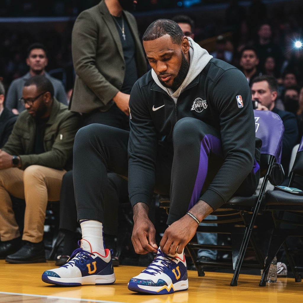 LeBron James gets ready courtside