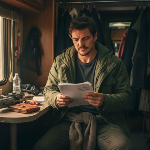 Pedro Pascal on set