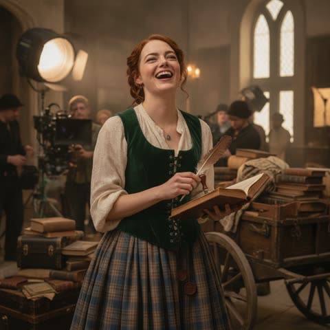 Emma Stone laughs on set