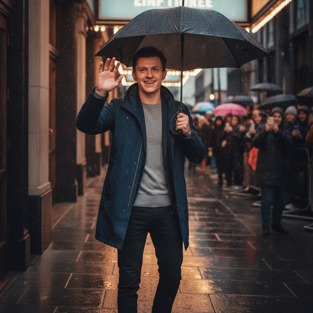 Tom Holland meets fans in the rain