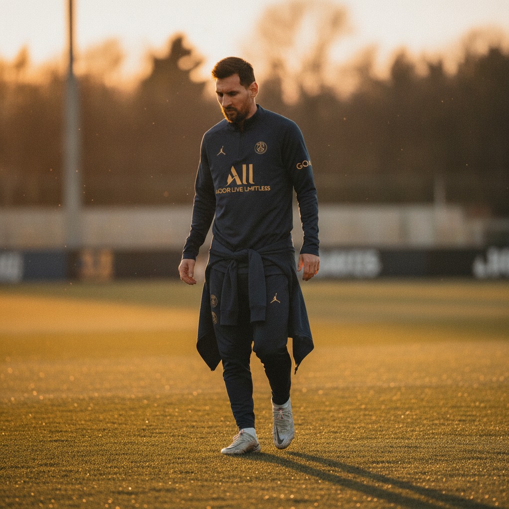 Messi on the pitch at sunset