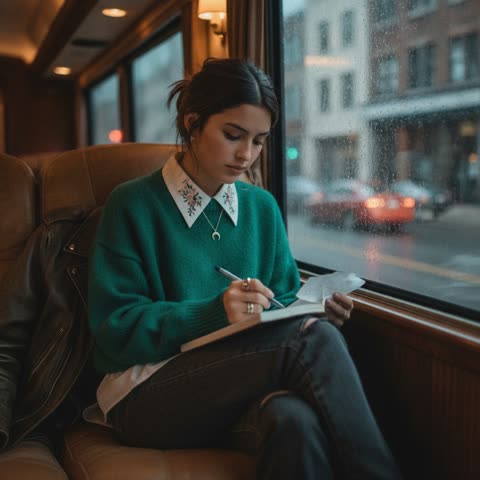 Olivia Rodrigo writing on the bus