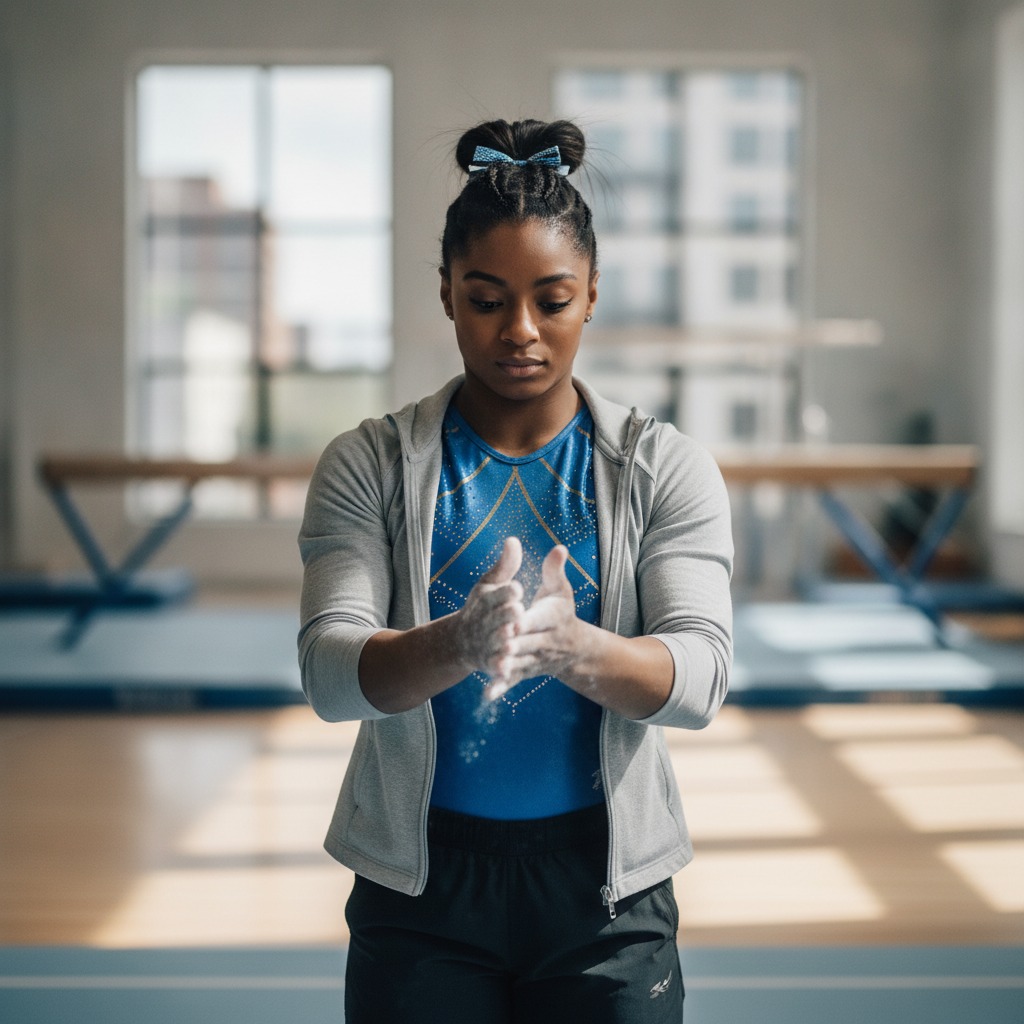 Simone Biles gets ready to train