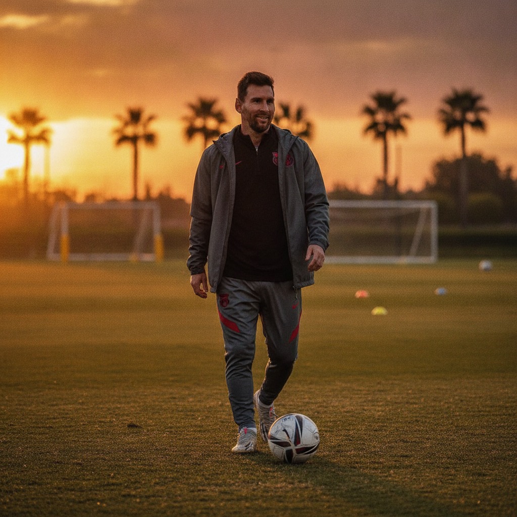 Messi on the pitch at sunset
