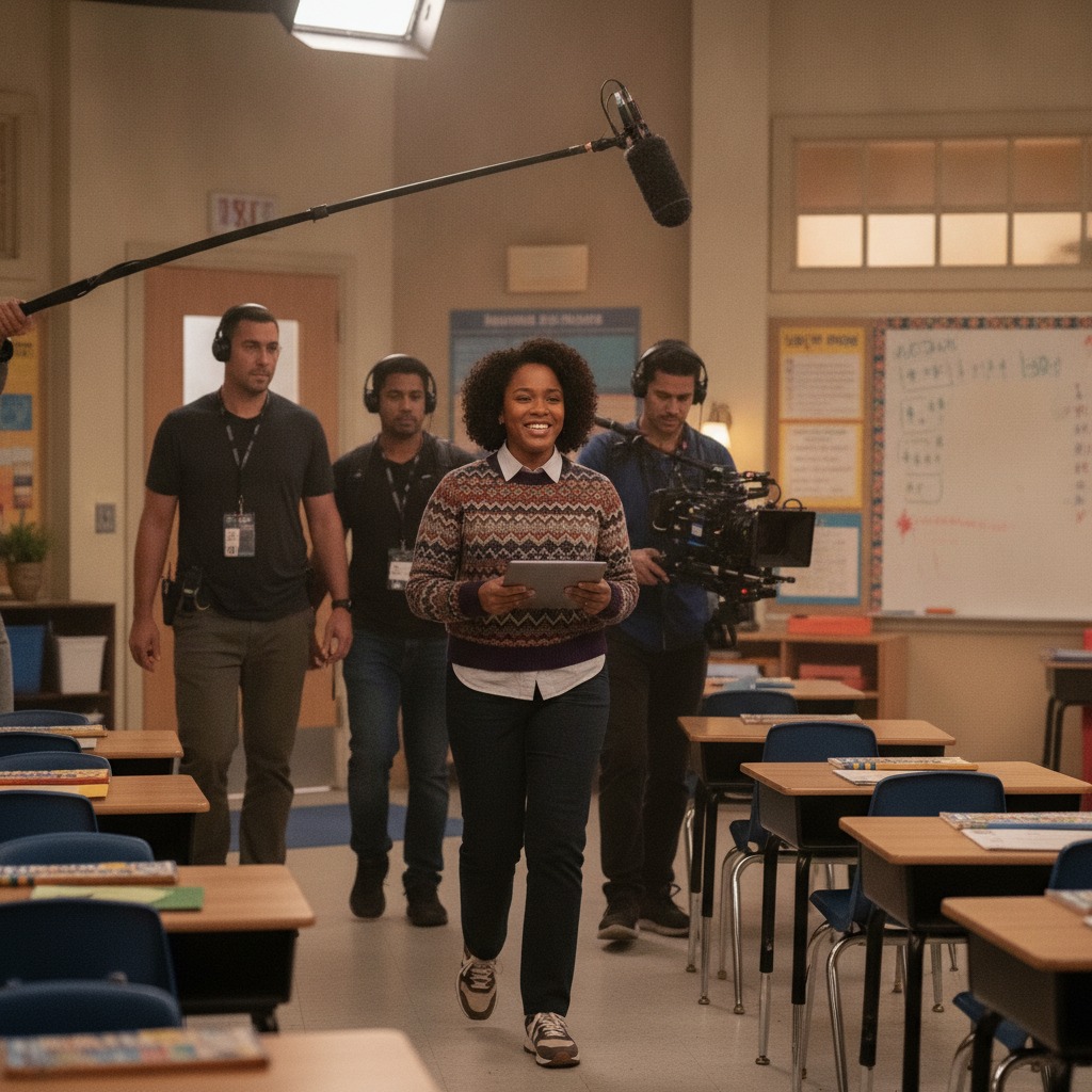 Quinta Brunson on set